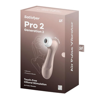 Box of Satisfyer Pro 2 Next Generation, en beröringsfri lufttrycksstimulerande klitorisstimulator, innehåller en produktbild och detaljerade funktioner.