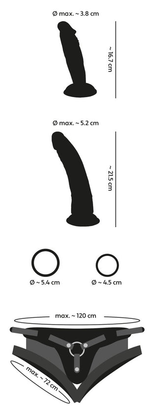 Illustration av Strapon Kit Playgirls, med en justerbar-sele, två realistiska dildos och ringar med specificerade diametrar och längder.