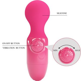 Pretty Love Mini-Wand är en rosa handhållen massageapparat med en kompakt design, med ett silikonhuvud och märkta knappar för på/av och vibrationsintensitet, vilket ger kraftfulla vibrationer för kraftfull och användarvänlig drift, som visas i närbild.
