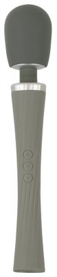 Super Strong Wand Vibrator är en grå handhållen enhet med en rundad topp, texturerat grepp och premium silikonkonstruktion. Den har två kontrollknappar på handtaget för enkel användning.