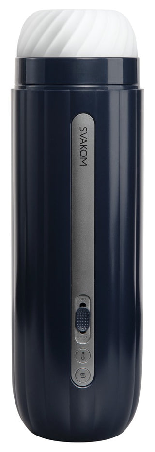 Hannes Neo Svakom är en mörkblå cylindrisk elektronisk enhet med knappar och kontroller på framsidan, utformad för interaktivt nöje.