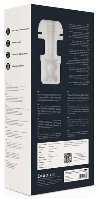 Hannes Neo Svakoms produktlåda har flerspråkiga ikoner och text, vilket framhäver silhuetten av dess innovativa design. Upplev interaktivt nöje med denna pulserande onani, nu uppgraderad med en värmande funktion för en oöverträffad upplevelse.