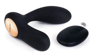 Svart Svakom Vick Prostatamassör bärbar vibrator med fjärrkontroll på vit bakgrund.