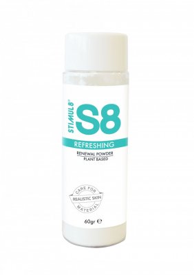 S8 Talk Förnyelsepulver, en växtbaserad, 60 g vit flaska märkt S8 Refreshing Renewal Powder, är perfekt för att absorbera fukt och hålla saker fräscha – även med sexleksaker.
