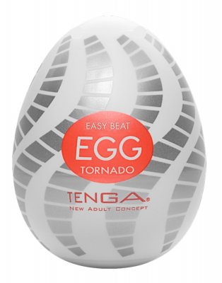Den vita, äggformade onanisten från Tenga, Egg Tornado, har gråa däckspårmönster och en röd etikett, som lovar en virvelvind av sensation för dem som söker spänning och nöje.
