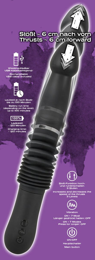 You2Toys Thrust Vibrator, svart och justerbar med en elegant design, visas på en lila bakgrund och framhäver dess kraftfulla vibrationer och imponerande egenskaper.