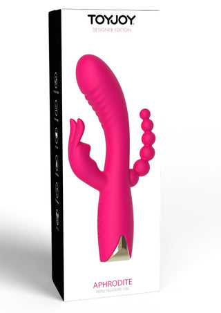 Aphrodite Triple Vibrator från ToyJoy's Designer Edition har en elegant, vattentät design och kommer vackert förpackad i rosa. Dess kraftfulla motorer garanterar en oöverträffad upplevelse, vilket gör den till den ultimata nöjesföljeslagaren.