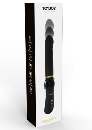 Box med en svart Toyjoy Thruster Sexmaskin vibrator med funktioner som harmonikastil-skaft och premium vibratorkvalitet markerad på sidan.