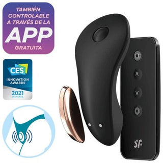 Den svarta Satisfyer Little Secret Trosvibratorn, med trådlös fjärrkontroll och appkompatibilitet, har en CES 2021-pris för innovation. Spanska instruktioner ger sömlös vägledning genom dess funktioner.