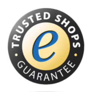 Trusted Shops Guarantee logo – a black circular badge with a gold center and a blue 'e' symbol, representing secure and certified online shopping in Europe