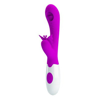 Pretty Love Moth är en dubbelstimulerande massageapparat i lila och vitt, med en fjärilsdetalj på skaftet för förbättrad G-punktsnjutning.
