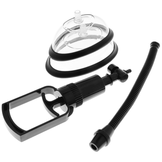 Intense Vaginapump är en ergonomiskt designad svart och transparent suganordning med pump, slang, koppar och vakuumteknik på vit bakgrund.