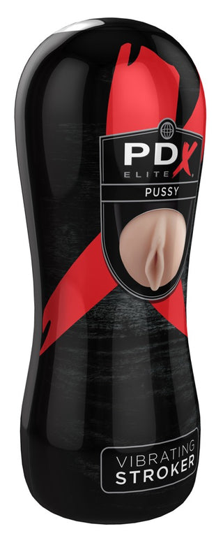 Den svarta och röda behållaren rymmer PDX Elite - Realistisk Vagina Med Vibrationer, designad för en autentisk känsla med vibrerande funktioner för en oöverträffad upplevelse.