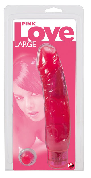 Förpackad Dildo Vibrator Pink Love, med en kvinnas ansikte i bakgrunden, denna premiumprodukt lovar en oförglömlig upplevelse.