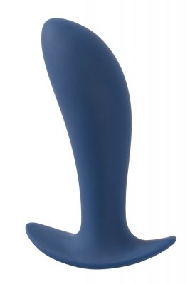 Vibrerande Buttplugg / Prostata Med Fjärrkontroll är en blå silikonanalplugg med en böjd design och utsvängd bas för ökad komfort och stimulering.