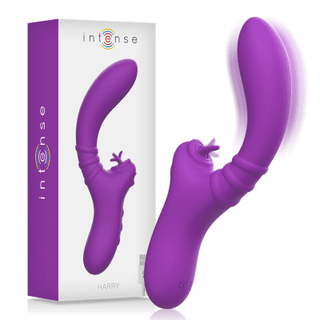 Lila ergonomisk massageapparat bredvid lådan, som visar upp samma produkt märkt "Intense Harry Vibrator" med en spiraldesign.