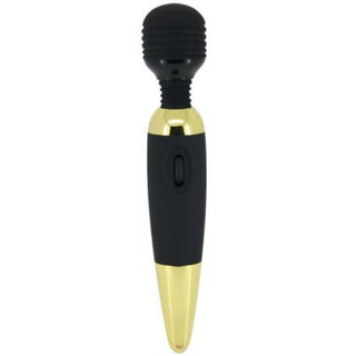 Utforska Pretty Love - Stark Wand 25 cm, en massageapparat i svart och guld med ett räfflat huvud och guldspets, som ger oöverträffade lugnande vibrationer för ultimat avkoppling.