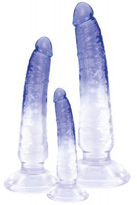 You2Toys Crystal Clear Dildo Set innehåller tre blåtonade, texturerade silikondildos av varierande storlekar med sugkoppsbas, perfekt för dem som söker anal njutning.