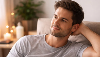 Avslappnad man som sitter i sängen och läser en bok i lugn hemmiljö, vilket symboliserar avkoppling, självkännedom och välmående.