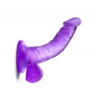 Lila dildo med pung och sugpropp, realistisk form och ådrig design