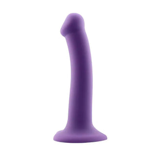 Lila dildo i mjukt silikon med sugpropp och lätt böjd form