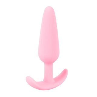 Rosa buttplug i silikon med smal spets och böjd bas för bekväm användning
