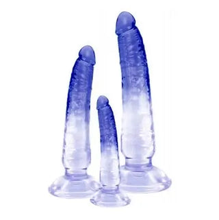 Set med tre realistiska blå dildos i olika storlekar med sugpropp och ådrig struktur