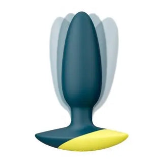 Blå buttplug med gul bas och flexibel rörelsefunktion för bekväm analstimulans
