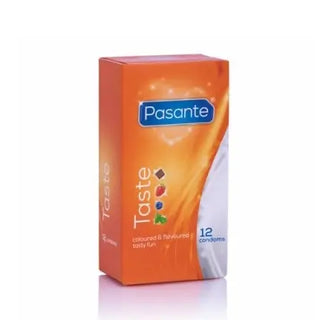 Pasante Taste Kondomer 12-pack – färgade och smaksatta kondomer för lekfullt skydd