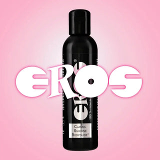 Eros Classic Silicone Bodyglide glidmedel i svart flaska med rosa bakgrund