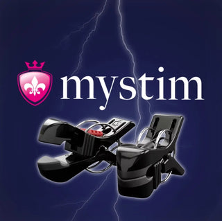 Mystim elektrosex-klämmor i svart design med blixtar i bakgrunden