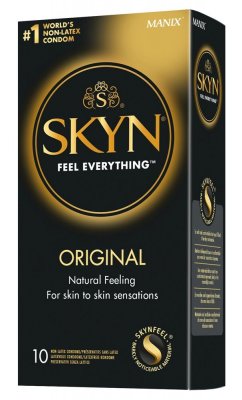 Box of Skyn - Original non-latex kondomer, gjorda av polyisopren, med en elegant svart och guld design som framhäver naturlig känsla.