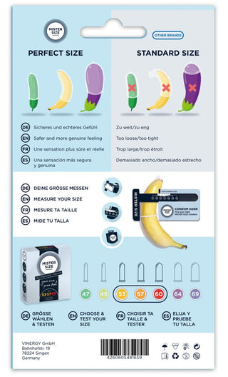 Infographic jämför Mister Size Kondom Testpaket storlekar med bananer och äggplantor för att hjälpa dig hitta rätt storlek.