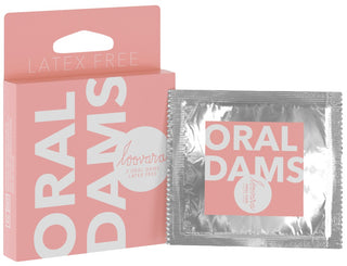Loovara Oral Dams Latexfria 3-pack, kartong och förseglad förpackning, rosa förpackning med vit text, latexfri.