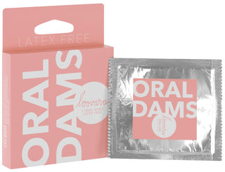 Loovara Oral Dams Latexfria 3-pack, kartong och förseglad förpackning, rosa förpackning med vit text, latexfri.