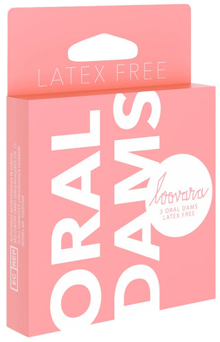 Rosa förpackning med Loovara Oral Dams Latexfria, 3-pack, innehållande tre latexfria munskydd.