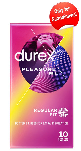 Durex Pleasure Me Kondomer-box, märkt Only for Scandinavia, har en färgstark design med kondomer med struktur för ökad känsla.