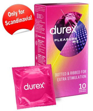 Durex Pleasure Me Kondomer-förpackningen har en röd dekal som anger att den endast är för Skandinavien. Dessa texturerade kondomer förstärker känslan och ger en oförglömlig upplevelse varje gång.