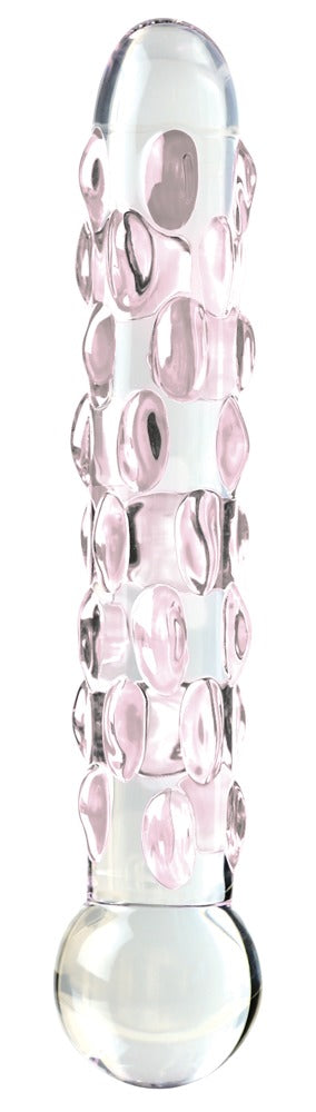 Dildo i klart, handblåst glas med upphöjda prickar och en rundad bas.