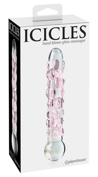 Handblåst massagemaskin i glas med rosa strukturerade prickar, transparent utförande.