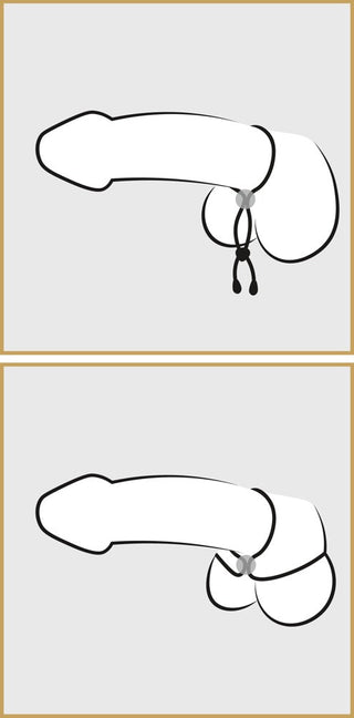 En minimalistisk linjeteckning av två stiliserade versioner av Bad Kitty Cock&Balls Ring, med varierande detaljer, visas på en grå bakgrund.