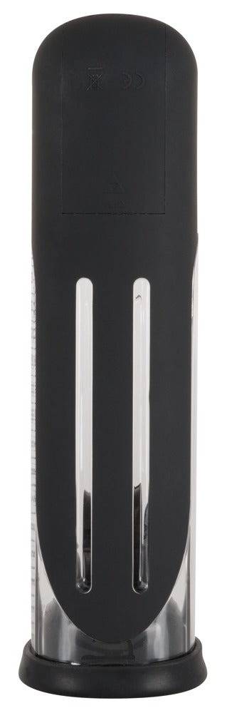 Svart och transparent Rebel Automatisk Penispump av plast, cylindrisk design, upprättstående mot en vit bakgrund.