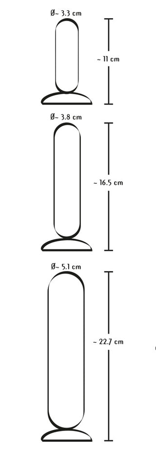 Tre analpluggar i svart silikon i storlekarna small, medium och large med platt bas; varje plugg har en slät cylindrisk form.