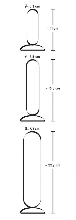 Tre analpluggar i svart silikon i storlekarna small, medium och large med platt bas; varje plugg har en slät cylindrisk form.