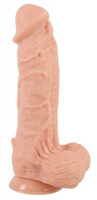 Gigant XXL Dildo 32 cm har en realistisk hudton med uttalad struktur och vendetaljer, perfekt för handsfree-användning med sin säkra sugkoppsbas.