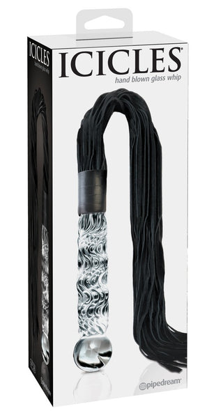 Förpackningslåda med Handgjord Glasflogger – en handblåst glaspiska med texturerat handtag och svarta mockatrådar – perfekt för fans av glasdildolek och temperaturlek.
