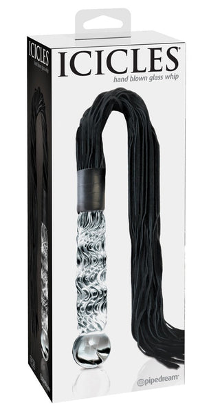 Förpackningslåda med Handgjord Glasflogger – en handblåst glaspiska med texturerat handtag och svarta mockatrådar – perfekt för fans av glasdildolek och temperaturlek.