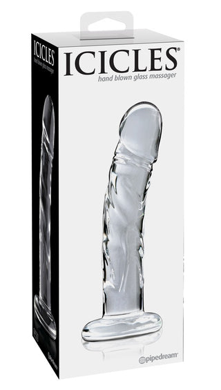 Dildo i klart, handblåst glas, Icicles nr 62, fallisk form, genomskinligt material.