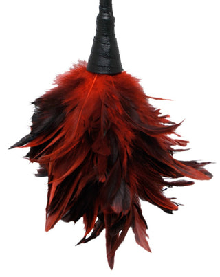 En närbild av Frisky Feather Tickler, med röda och svarta fjädrar och ett elegant svart handtag - perfekt för lekfullt förspel eller för att ge elegans åt alla miljöer.