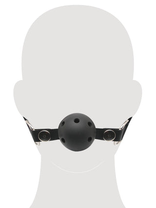 Illustration av ett huvud som bär Svart Ballgag med Luftkanaler – en svart ballgag med ventilationshål och ett justerbart huvudband i klassisk BDSM-stil.